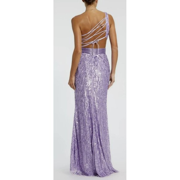 Mac Duggal Purple Sequined One Shoulder Lace Up Gown Dress Sz 0 NWT - Picture 3 of 8